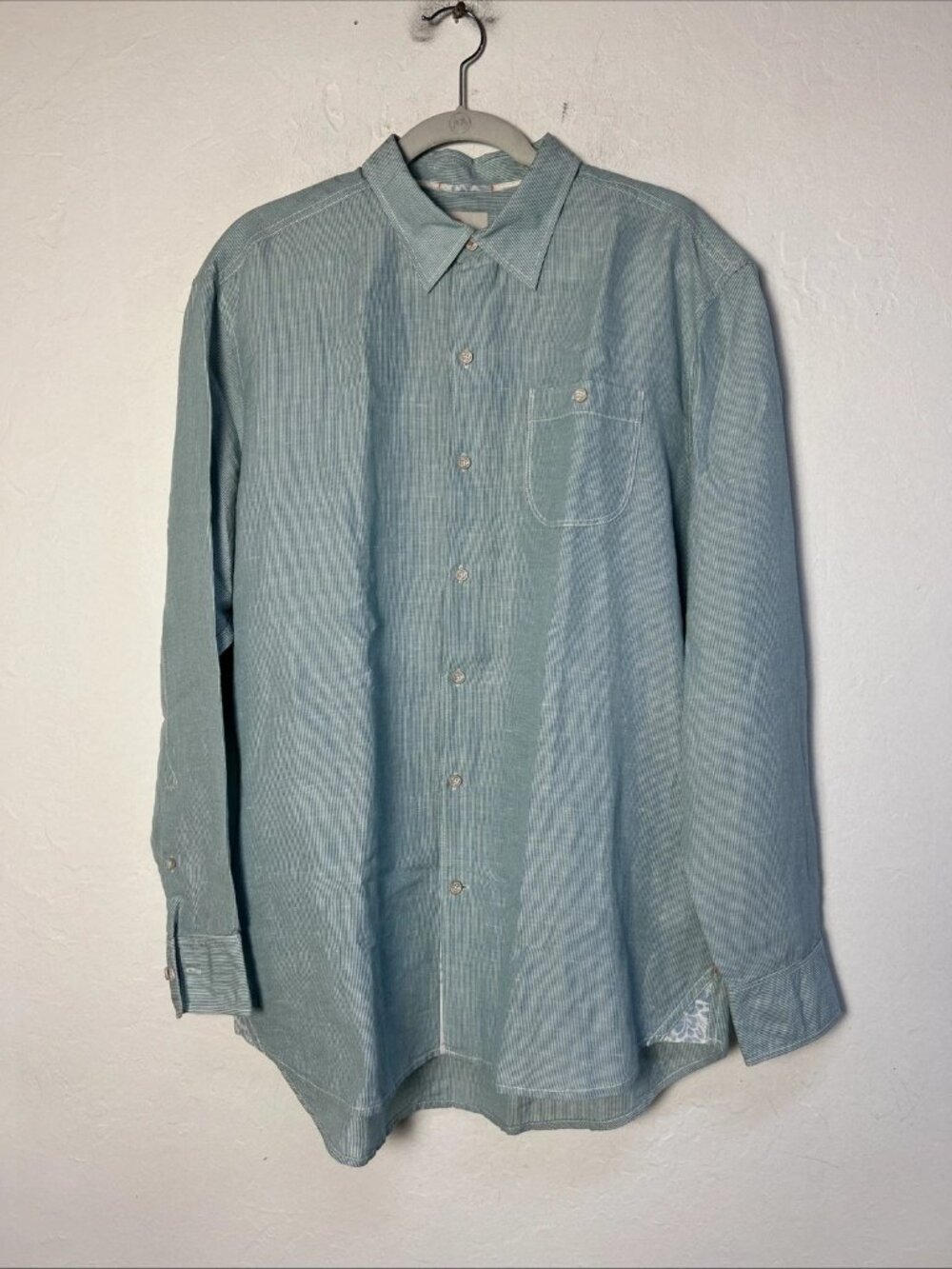 Tommy Bahama Jeans Island Crafted Mens Green Striped Linen Button-Up Shirt Large